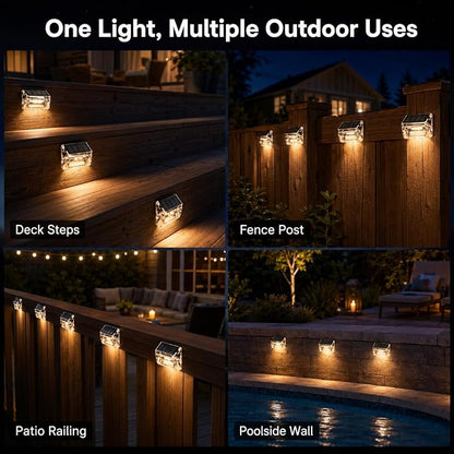 Qualdout Solar Outdoor Lights, 8 Pack Solar Fence Deck Lights, Waterproof Outside Lighting for Step Railing Wall Pool Stair Yard Garden Patio Pool Decorations (Warm White)