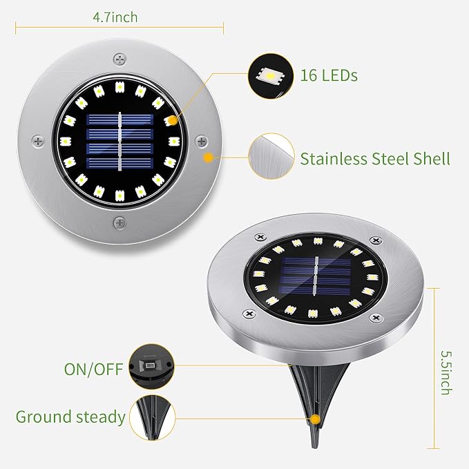 NFESOLAR Solar Ground Lights Outdoor with 16 LEDs Waterproof for Outdoor | Stainless Steel Shell, Wire-Free, Easy to Use for Garden Yard Lawn Pathway Walkway- Warm White 8 Pack