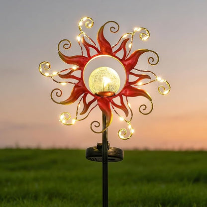 Solar Lights Outdoor Waterproof Red Sun Metal Crackle Glass Stake Decorative for Outside,Yard,Lawn,Patio,Walkway Mothers'Day Gifts Mom Grandma Garden Lover