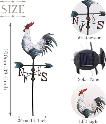 TERESA'S COLLECTIONS Garden Decor with Solar Outdoor Lights, White Rooster Yard Art Sign for Outside, 39.4'' Metal Weathervane Decorative Garden Stake for Outdoor Decor, Lawn, Gifts for Fathers Day