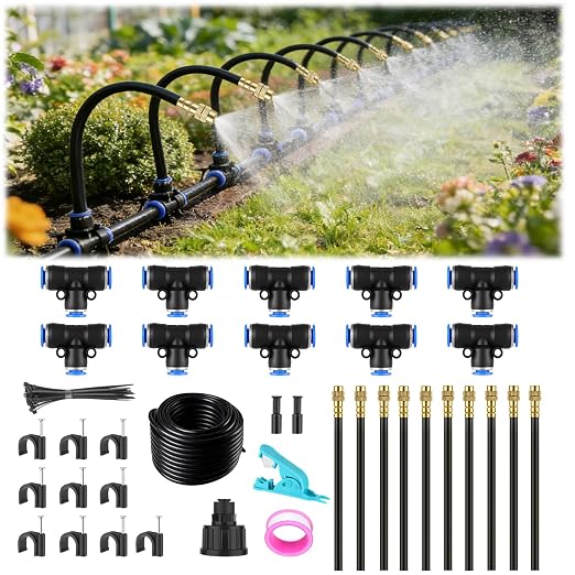 Drip Irrigation System, 30FT 1/4" Garden Watering for Outdoor Plants & Raised Beds, 10pcs Upgraded Brass Nozzles 360° Adjustable Misting Kit, UV-Resistant Tubing for Greenhouse, Lawn & Patio Cooling