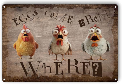 Funny Chicken Metal Sign, Rustic Farmhouse Eggs Come From Where Wall Decor, Humorous Hen Rooster Art Plaque for Chicken Coop Home Farm Kitchen Decor 8x12 Inch