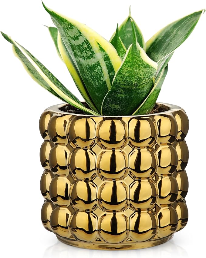 DILATATA 5 Inch Ceramic Planter Pot for Indoor Plants with Drainage Hole Bubble Flower Planter Hobnail Plant Pot Garden Planter Gold Succulent Plant Pot Utensil Holder