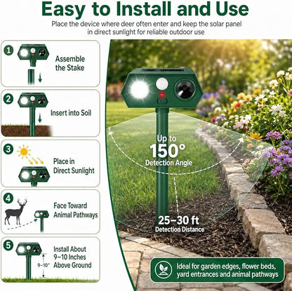 2026 Sonic Fortress Pro Deer Repellent Device,4Pack Solar Ultrasonic Animal Repellent with Motion Sensor&Flash Light for Squirrel Raccoon Rabbit Repellent for Flower Bed,Plants,Vegetables Yard(4 Pack)
