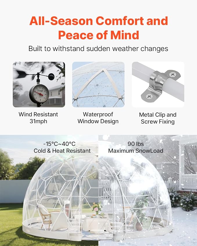VEVOR Garden Dome Tent 12 x 7.2 ft Clear Bubble Tent House for 4–7 Person | Outdoor Igloo Waterproof PVC Geodesic Dome Greenhouse with Ventilated Window, 360° Crystal-Clear View for Gardens Patios