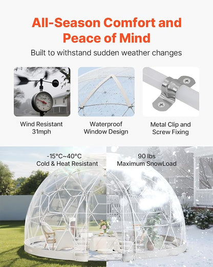VEVOR Garden Dome Tent 12 x 7.2 ft Clear Bubble Tent House for 4–7 Person | Outdoor Igloo Waterproof PVC Geodesic Dome Greenhouse with Ventilated Window, 360° Crystal-Clear View for Gardens Patios