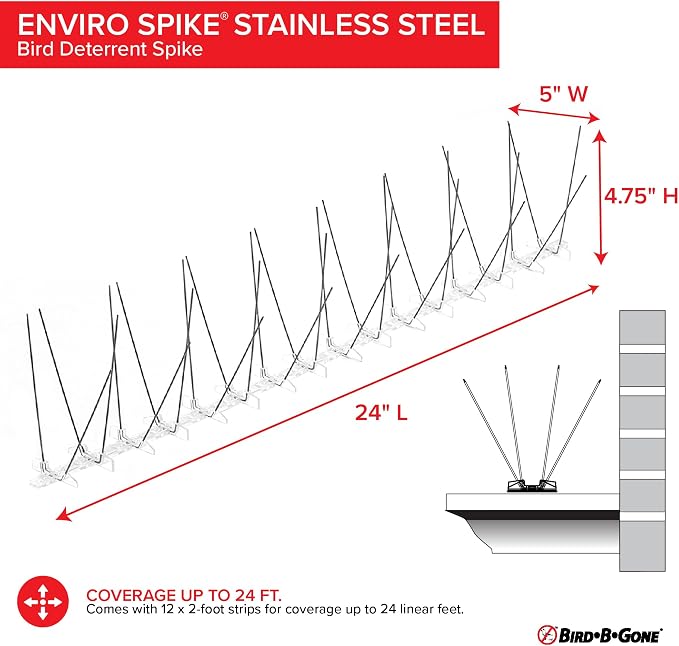 Bird B Gone - Pre-Assembled EnviroSpike Stainless Steel Anti Bird Spikes (24') - UV-Stabilized Polycarbonate Base - Humane Deterrent - Stops Pigeons & Birds from Roosting On Rooftops, Ledges, Fences