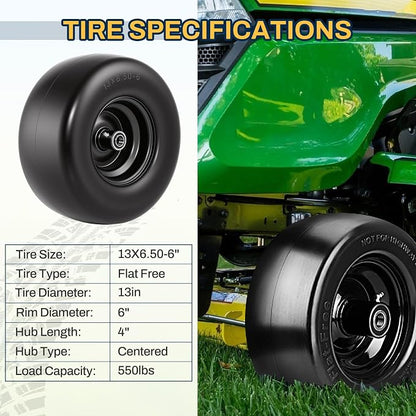 2 PCS 13×6.50-6 Flat Free Lawn Mower Tires and Wheel, Solid Smooth Tread Tire, 13x6.50-6 Zero Turn Mower Front Tires for Commercial Garden Lawn, with 3/4" & 5/8" Bearings, 4"- 8.2" Centered Hub