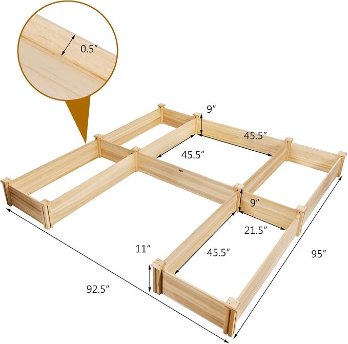 S AFSTAR Wooden Raised Garden Bed, Divisible Planter Box Kit, Outdoor Elevated Flower Planting Raised Bed, Above Ground Planters or Vegetables Grass Lawn Yard Backyard Patio (92.5" L x 95" W x 11" H)