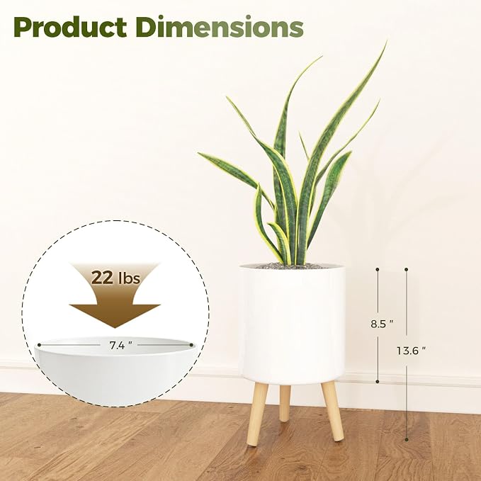Bamworld Self Watering Pots for Indoor Plants with Water Level Indicator 8 inch Plant Pot Plastic Planter with Wooden Stand for Outdoor Plants Modern Décor for Porch Patio White Small