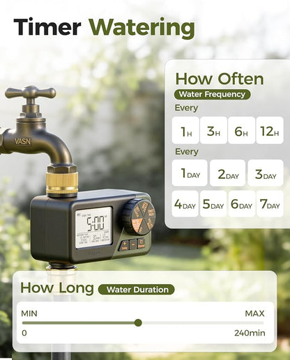 Diivoo Brass Sprinkler Timer, IP66 Waterproof Programmable Hose Timers for Watering with Large Display, Rain Delay & Manual Mode for Outdoor Automatic Irrigation of Garden, Lawn, Yard