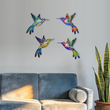 4 Pack Metal Hummingbird Wall Art Decor - 3D Colorful Birds Outdoor Wall Art,Hanging Decoration for Patio, Garden, Balcony and Fence (D)