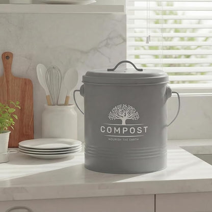 Perfnique Kitchen Compost Bin, 1.3 Gallon Countertop Compost Bin with Lid, Indoor Compost Bucket Includes Inner Bucket Liner and Carbon Filter, Small Compost Bin with Trash Bags (with Bags, Grey)