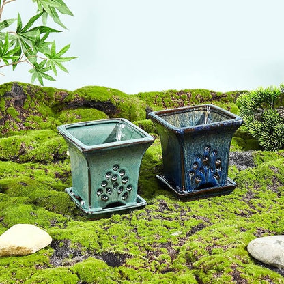 Ceramic Orchid Pots with Holes attached Saucers 4.8 Inches - Set of 2 Small Square Orchid Pots for Repotting, Decorative Ceramic Orchid Planter with Hole for Healthy Root Growth Blue and Green