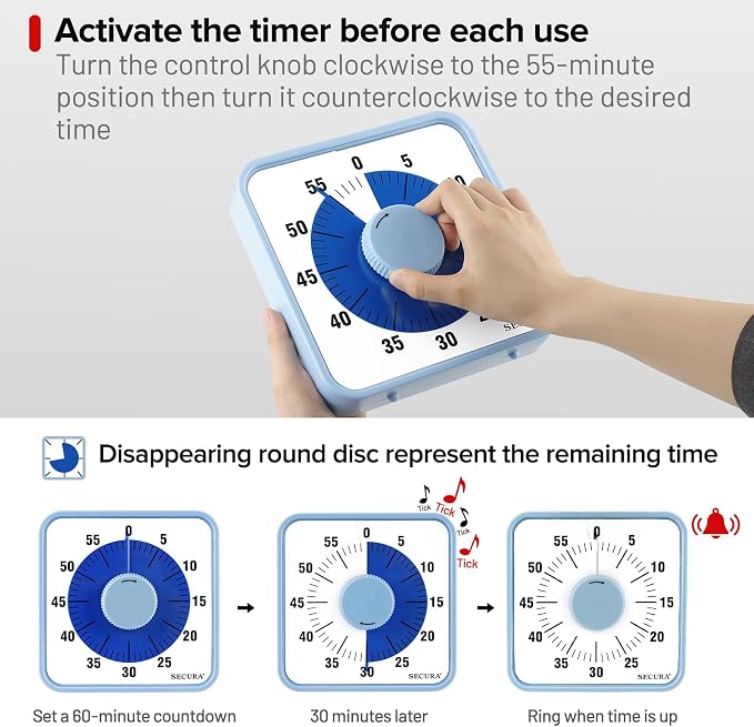 Secura 60-Minute Visual Countdown Timer, 7.5-Inch Oversize Classroom Visual Timer for Kids and Adults, Durable Mechanical Kitchen Timer Clock with Magnetic Backing (Navy Blue)