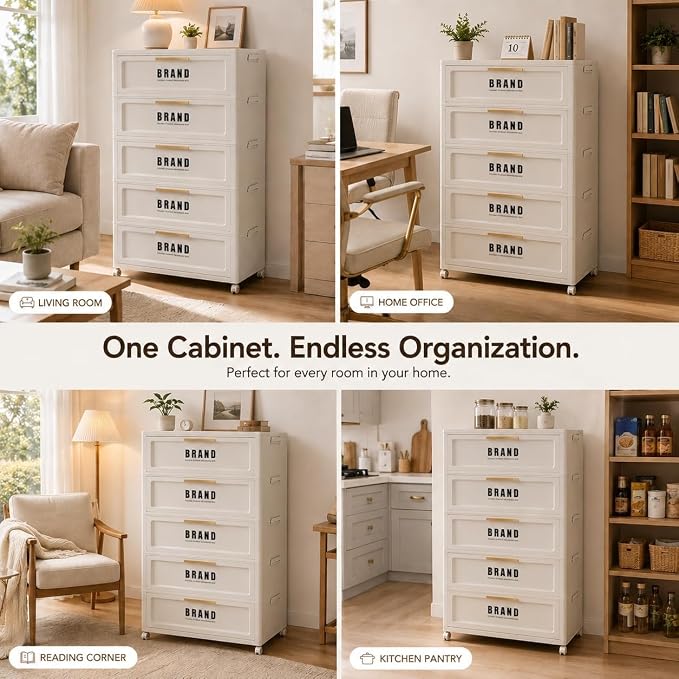 Foldable Storage Cabinet with Doors & Locking Wheels, 5-Tier Large-Capacity Organizer, No-Tool Setup, Impact-Resistant ABS Construction for Dorm, Pantry, Laundry, and Living Spaces