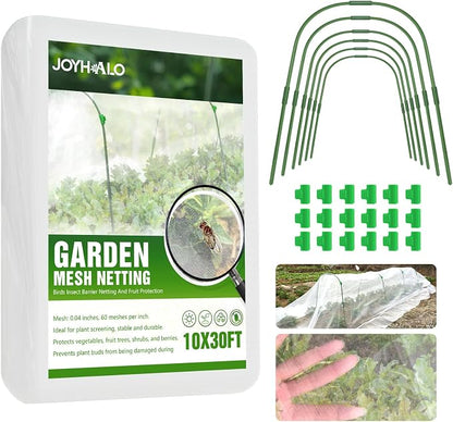 6 Sets Garden Hoops with 10x30 Ft Netting for Raised Beds, 18 Clips | 10x30 Ft Garden Net, Bird & Cicada Net for greenhouse, Vegetables, Trees, Garden crops, Plant cover, Frost guard, Shade cloth