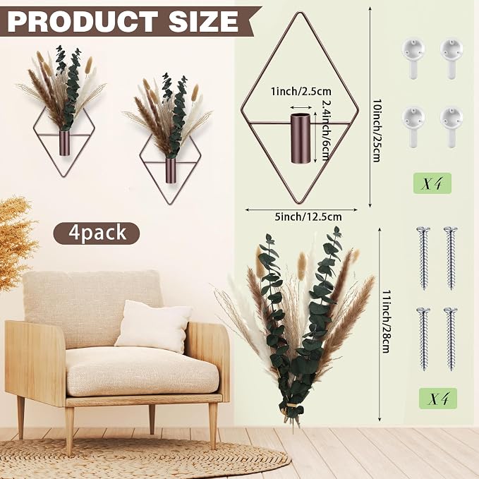 Jexine 8 Pcs Hanging Planters with Artificial Pampas Metal Hanging Vase Indoor Plants Holder Modern Geometric Boho Bathroom Wall Decor for Living Room Home Office(Bronze)
