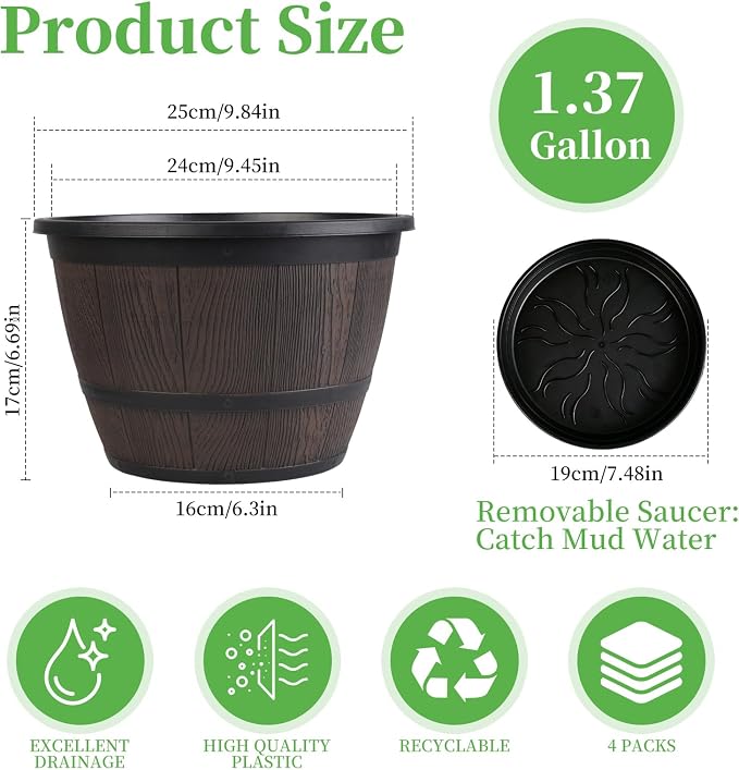 Myfeegoin 10-inch-Pots-for-Plant-Outdoor, 4 Pack Plastic Whiskey Barrel Planters Plant Pots with Drainage Hole & Saucer, Decorative Indoor Flower Pot for House Garden Porch