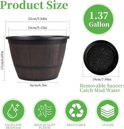 Myfeegoin 10-inch-Pots-for-Plant-Outdoor, 4 Pack Plastic Whiskey Barrel Planters Plant Pots with Drainage Hole & Saucer, Decorative Indoor Flower Pot for House Garden Porch