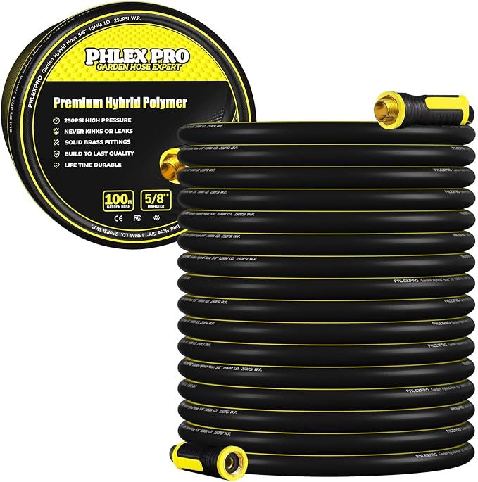 Garden Hose 100FT Heavy-Duty Premium 5/8'' Rubber 3-Layer Water Hose - Innovation Flexible Hybrid Lightweight Water Hose with Full Brass Male to Female Fittings (Green)