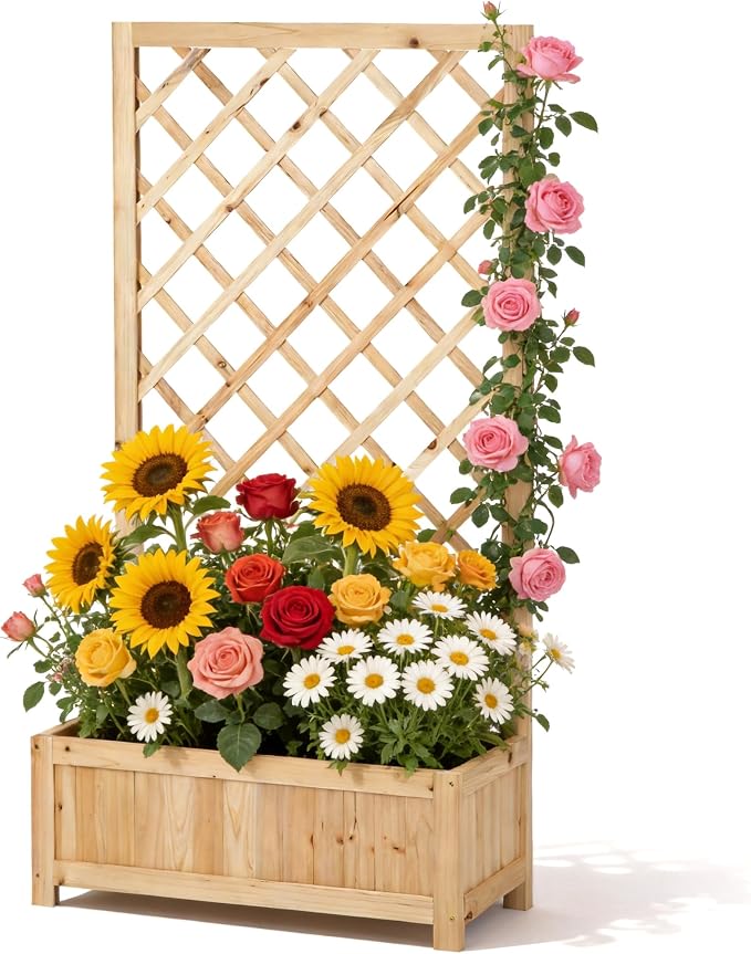 Wooden Raised Garden Bed with Trellis, 47" Outdoor Planter Box for Climbing Plants, Vertical Natural Wood Garden Planter for Vegetables, Flowers & Vines, Lattice Plant Support for Patio Yard Balcony