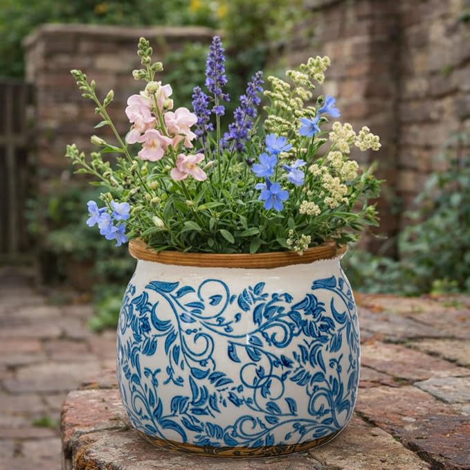 Vintage Ceramic Flower Pots - Indoor Outdoor Planters with Drainage Holes & Filter Screen, 6.5’’& 9’’ Rustic Farmhouse Decorative Plant Pots for Garden/Patio (Blue Vines, Small to Large Bundle)