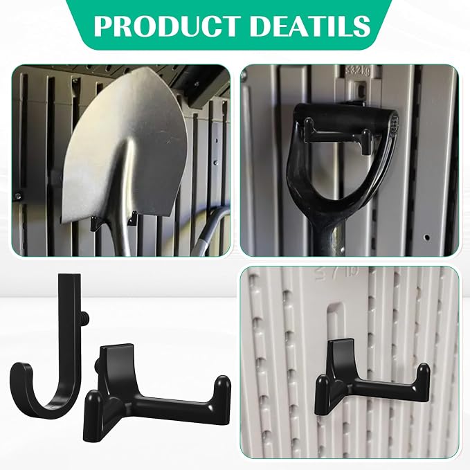 20 Pcs Storage Shed Tool Hooks Black Tool Hanger Compatible with Suncast Shed Accessories for Hanging Storage Shelves Organizer Accessories Parts Replacement Screws Brackets Ladders(J/v)