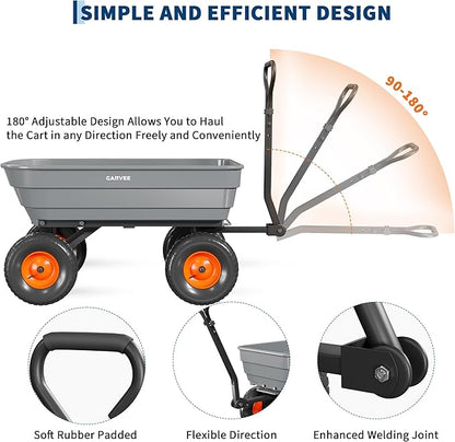 GarveeLife Poly Garden Dump Cart, 1200 lb Wheelbarrow Yard Cart with 13 in Wheels, Quick-Dump & Towable Utility Wagon for Yard, Soil, Rocks（Gray）