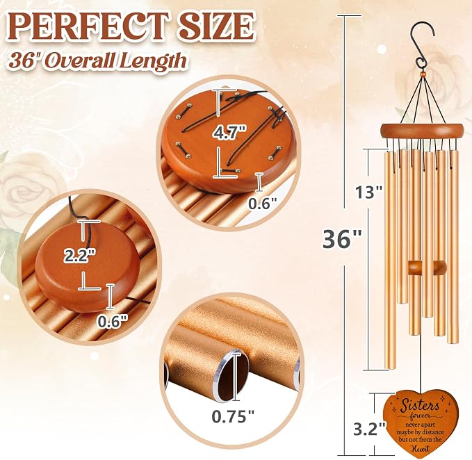 Sister Gifts Large Wind Chime 36", Sisters Forever Gift for Women | Sister in Law Gifts for Birthday, Christmas, Mothers Day, Wedding, Graduation, Ready-to-Gift Box Packaging, Garden Decor