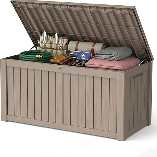 150 Gallon Outdoor Storage Box Resin Deck Box All Weather Waterproof Large Lockable Storage Container Deck Box for Patio Furniture, Garden Tools, Lockable, Gray New