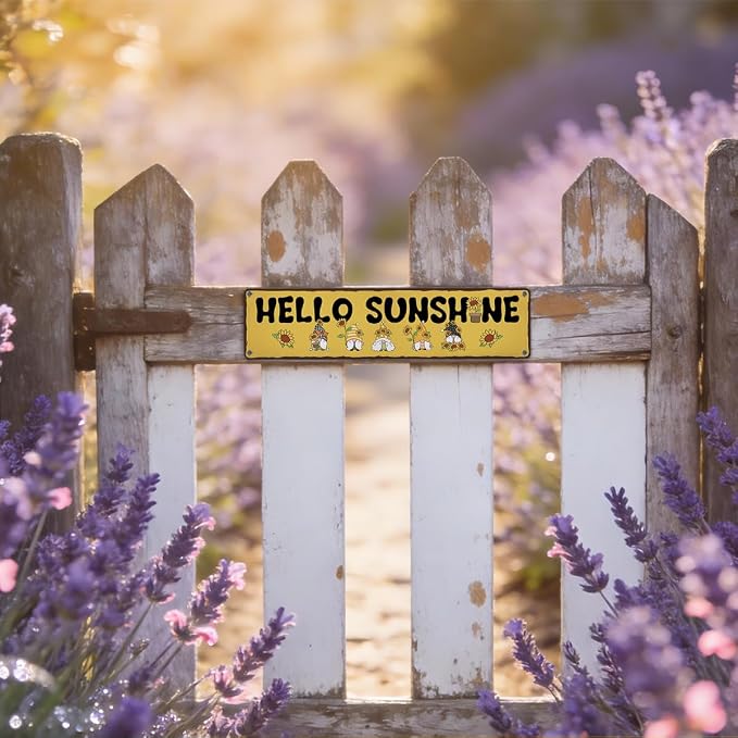 Garden Metal Tin Sign, Hello Sunshine Sign, Vintage Sunflower Farmhouse Wall Art, for Yard Fence Porch, Rustic Outdoor Garden Decoration, Gifts for Gnome Lovers, 15.7 x 3.9 Inches