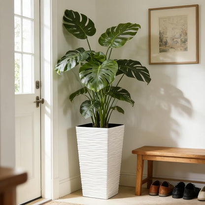 Worth Garden 22" Tall Planters Set of 2 - Plastic White Square Plant Pots with Drainage Hole - Modern Large Tapered Matte Wavy Tree Flower Pot for Indoor Outdoor Porch Deck