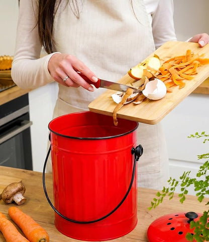 Plexon Countertop Compost Bin Kitchen with Lid, Red 1.5 Gallon Odorless Compost Container, Steel Food Compost Bucket for Kitchen with Charcoal Filter, Pail for Countertop
