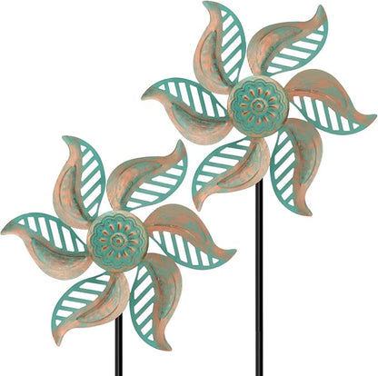 2 Pack Wind Spinners Outdoor Metal Vintage Green, Waterproof Wind Sculptures Garden Pinwheels & Decorative Stakes, Small Windmills for Yard Lawn Patio Outdoor Garden Decor (Type 36)