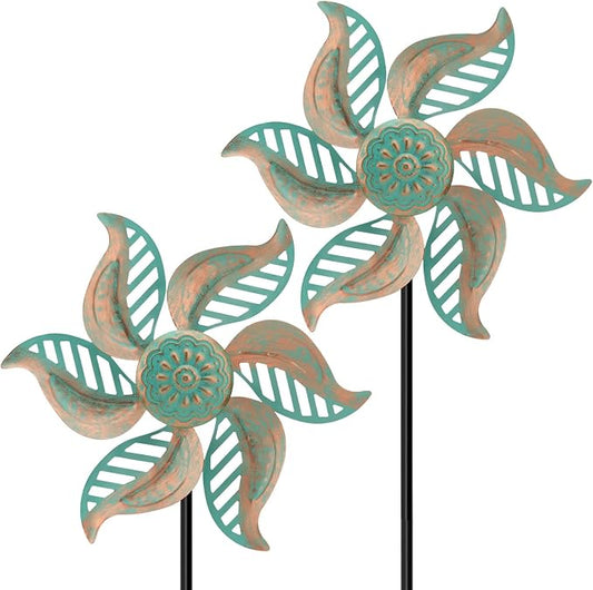 2 Pack Wind Spinners Outdoor Metal Vintage Green, Waterproof Wind Sculptures Garden Pinwheels & Decorative Stakes, Small Windmills for Yard Lawn Patio Outdoor Garden Decor (Type 36)