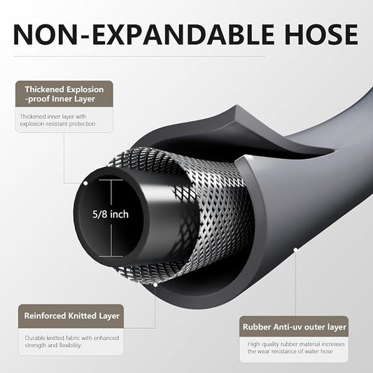 Garden Hose 5/8" x 25ft - Brass Rubber Heavy Duty Water Hose 600 PSI Burst Pressure, Durable Flexible Hose for Yard, Car Wash, Pets Gray