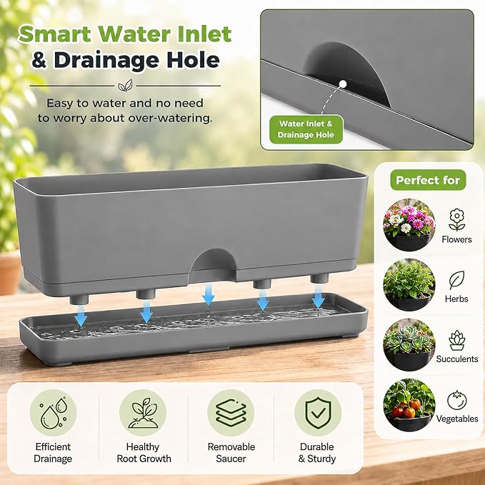 6 Pack Rectangle Planter 16x4.4 Inch Window Boxes Planters Rectangular Window Sill Planters Indoor Self Watering Plant Pots with Drainage Holes and Saucers Succulent Herb Flower Pots, Dark Grey