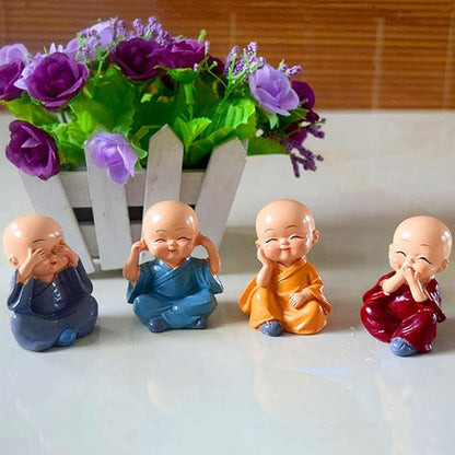 4PCS Cute Kung Fu Monk Statue Miniature Buddha Figurine Wise Figure Little Monk Sculpture Collectibles Crafts Arts Zen Ornaments Wall Shelf Desktop Garden Home Office Car Decoration Gift (A)
