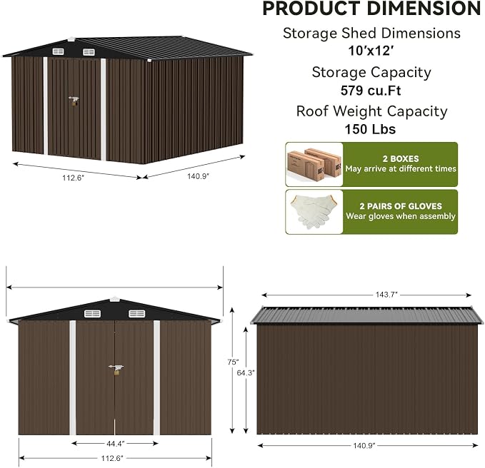 COMHOMA Shed Outdoor Storage Shed Metal,Lockable Doors Tool Sheds with Sloping Roof,Steel Garden Shed with Air Vent for Backyard,Patio,Lawn,Poolside (Brown, 10'x12') | Sloping Roof and Air Vent Perfect for Backyard Patio Lawn and Poolside