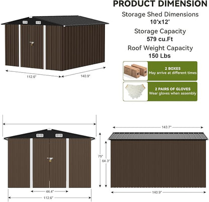 COMHOMA Shed Outdoor Storage Shed Metal,Lockable Doors Tool Sheds with Sloping Roof,Steel Garden Shed with Air Vent for Backyard,Patio,Lawn,Poolside (Brown, 10'x12') | Sloping Roof and Air Vent Perfect for Backyard Patio Lawn and Poolside