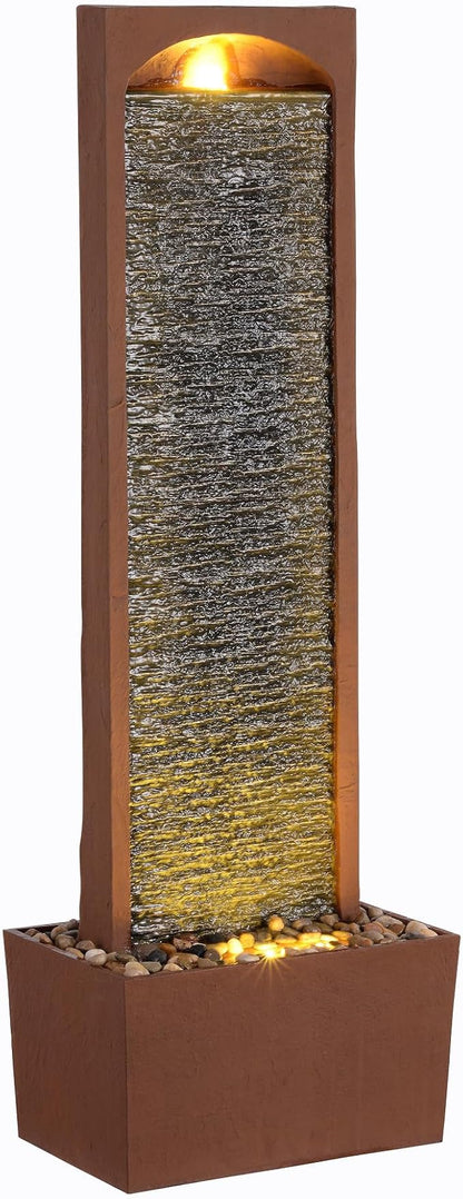 Teamson Home 38.5" Faux Slate Contemporary Outdoor LED Waterfall Fountain with Pebble Base, Red Rock | Contemporary, Pebble Base