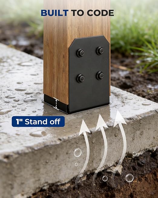 8x8 Post Base Brackets 4-Pack (7.5x7.5in Actual) - Heavy Duty Deck Post Anchor for Pergola, Gazebo, Playset - Black Powder Coated Steel with Standoff