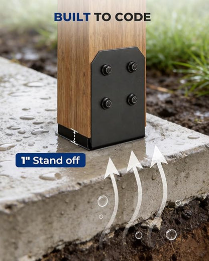 8x8 Post Base Brackets 4-Pack (7.5x7.5in Actual) - Heavy Duty Deck Post Anchor for Pergola, Gazebo, Playset - Black Powder Coated Steel with Standoff