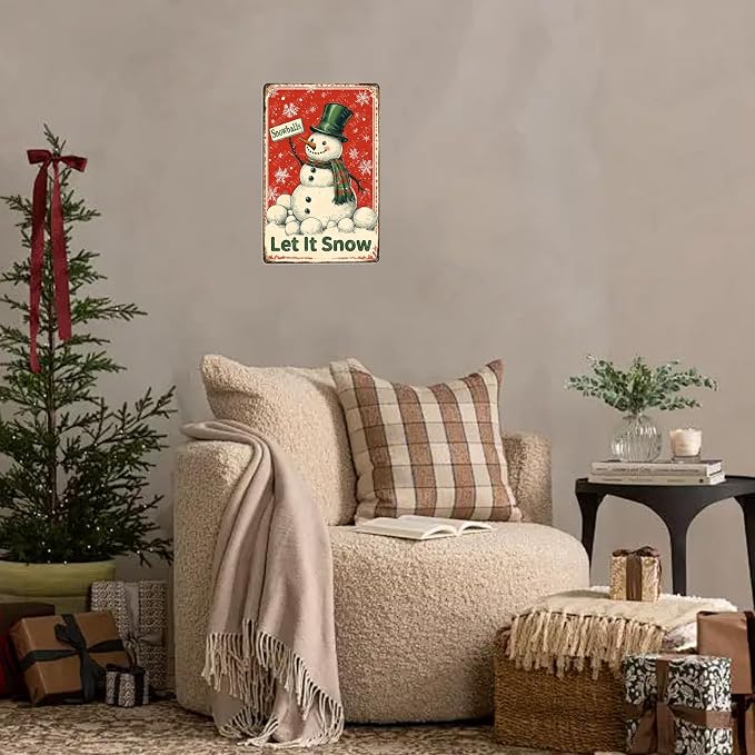 Snowman Tin Sign Vintage Winter Sign Snowflakes Snowballs Aluminum Metal Sign for Home Bar Outdoor Yard Kitchen Farmhouse 12×8 Inch