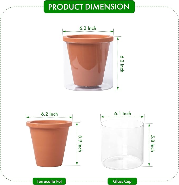 D'vine Dev 6 Inch Design Self Watering Pot for Indoor Plants, Terracotta Planter with Cylinder Glass Cup, 37-X-B-1
