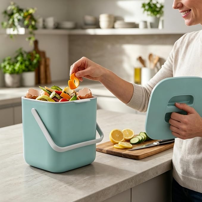 Compost Bin Kitchen, 0.7 Gal Sealed Countertop Compost Bin (Green) | Filter-Free, Odor-Tight, Easy to clean, The sink can hold