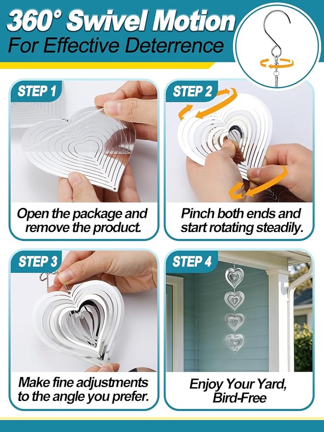 3pcs Reflective Wind Spinners Outdoor for Bird Scare - Stainless Steel Bird Reflectors to Keep Birds Away, Pinwheels for Yard and Garden Decor, Heart-Shaped