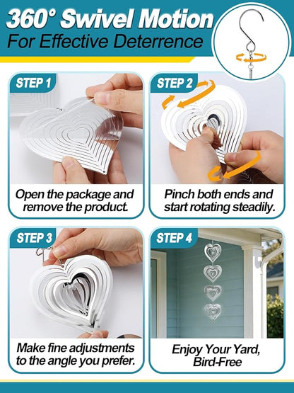 3pcs Reflective Wind Spinners Outdoor for Bird Scare - Stainless Steel Bird Reflectors to Keep Birds Away, Pinwheels for Yard and Garden Decor, Heart-Shaped