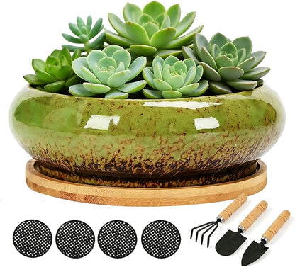 Drzewo Succulent Pots, Succulent Pots with Drainage & Bamboo Tray, 7-Inch Ceramic Drip Glazed Shallow Planter Container Bowl for Indoor Outdoor Plants, Decorative Garden Cactus Flower